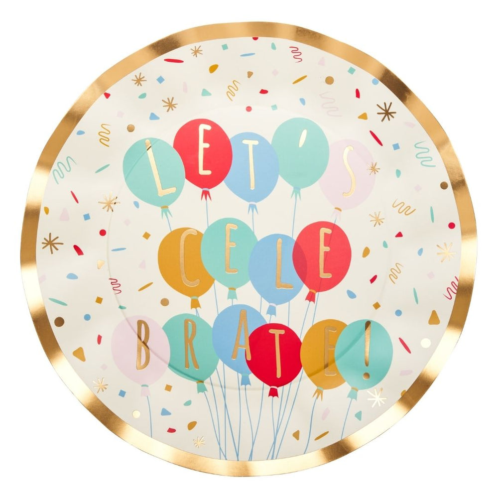Decorative plate with colorful balloons and 'Let's Celebrate!' text on a white background