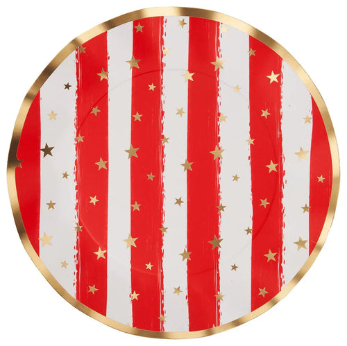 Round paper plate with red and white stripes and gold stars on a white background