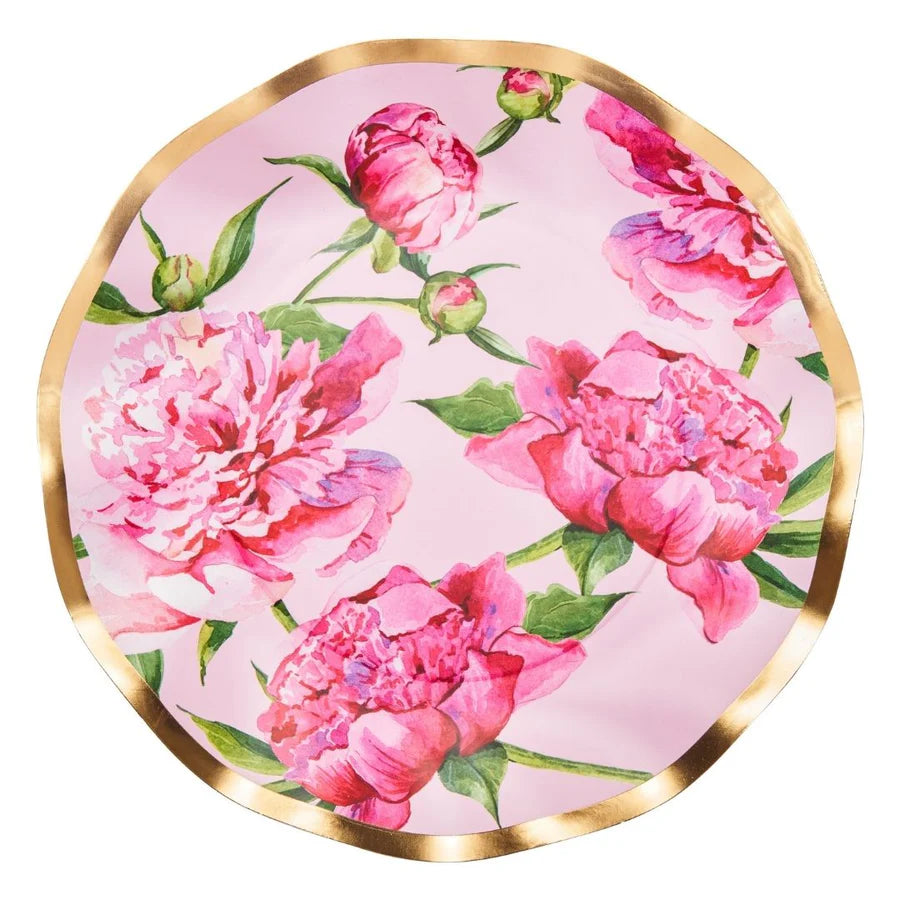 Round plate with pink floral design and gold rim on a white background