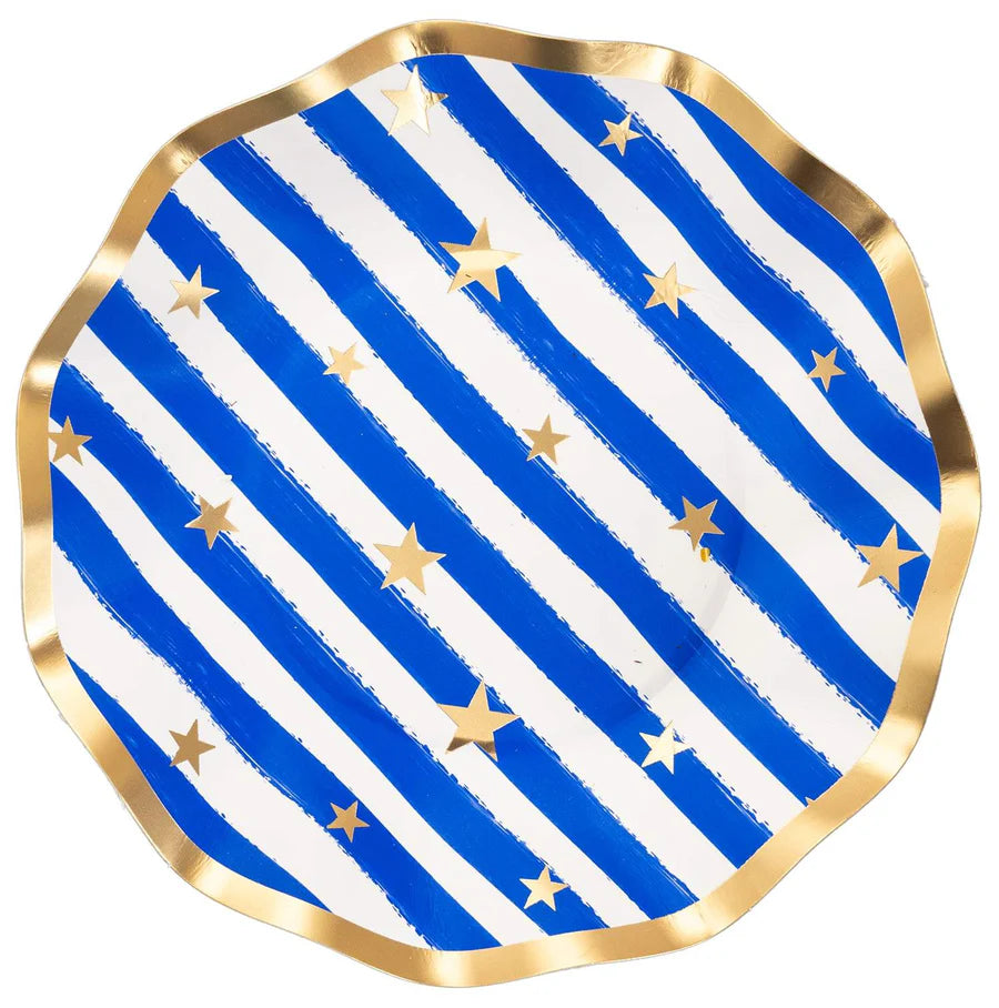 Decorative plate with blue and white striped pattern and gold accents on a white background