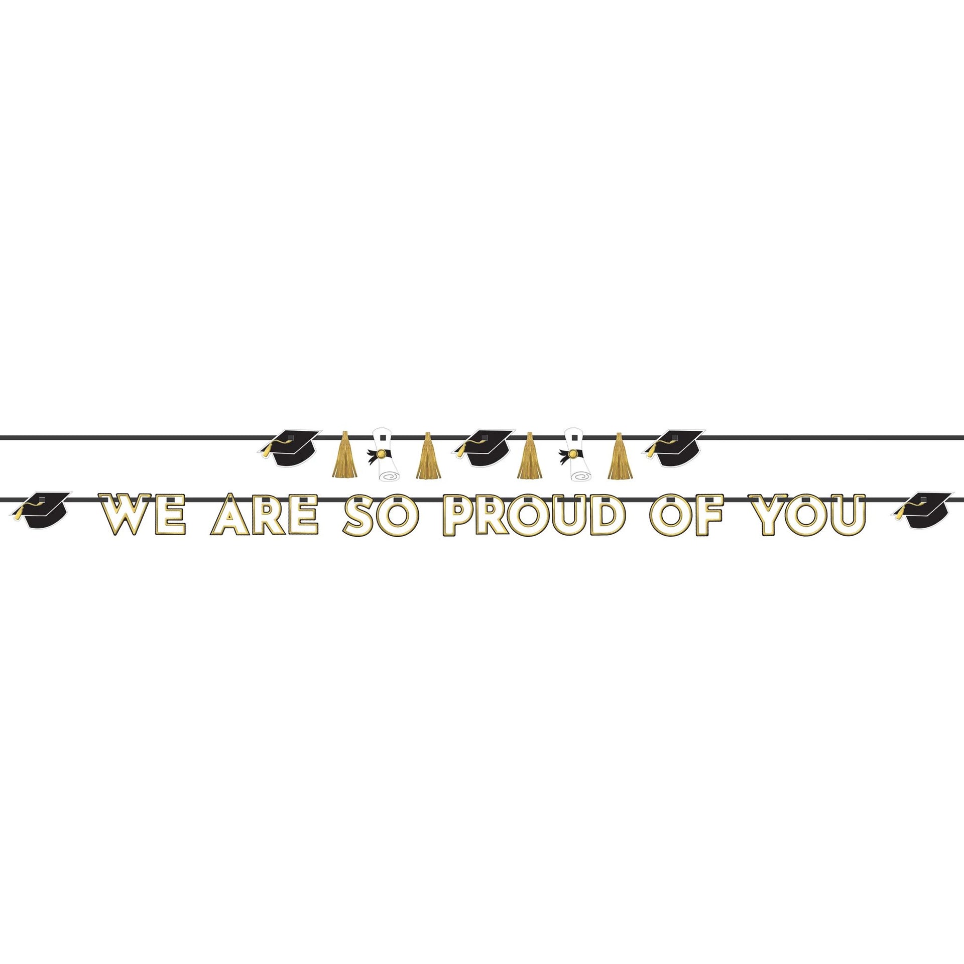 Graduation-themed banner with 'We are so proud of you' text and decorative elements on a white background.