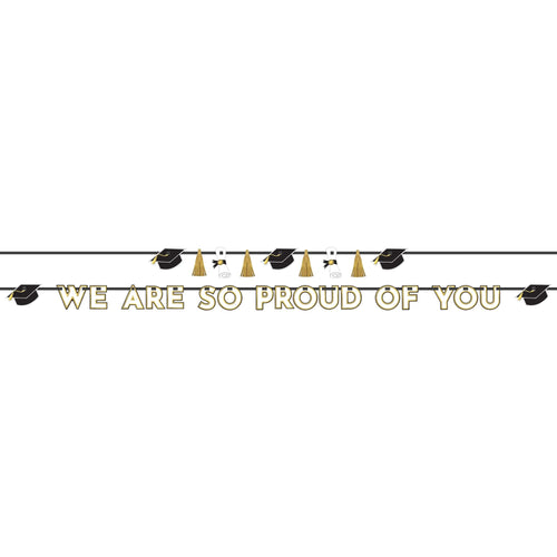 Graduation-themed banner with 'We are so proud of you' text and decorative elements on a white background.