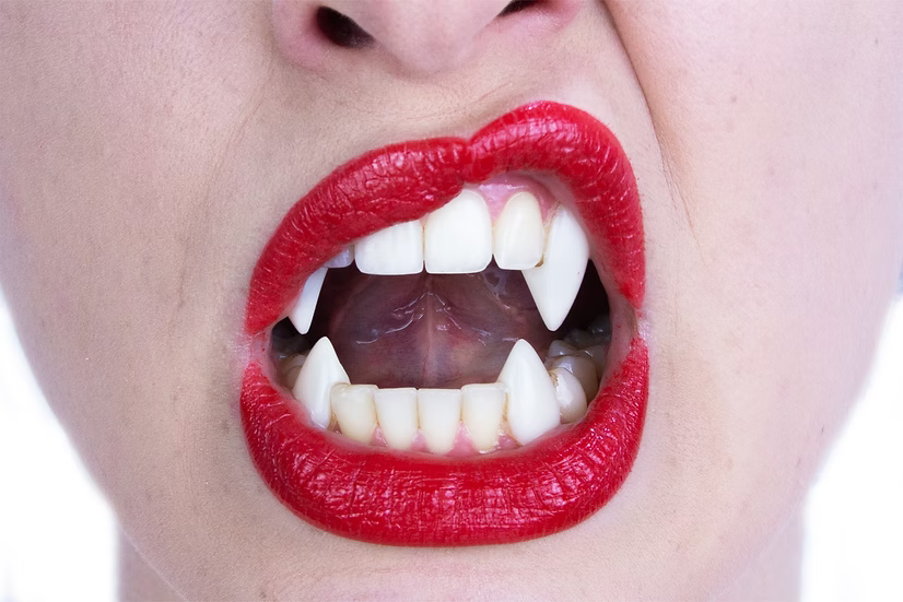 Close-up of a person with red lipstick and visible teeth on a white background