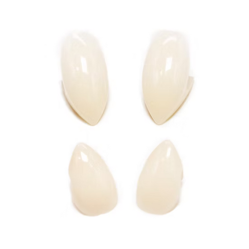 Four glossy, almond-shaped false nails in a warm cream shade, arranged in a 2x2 grid on a solid white background.