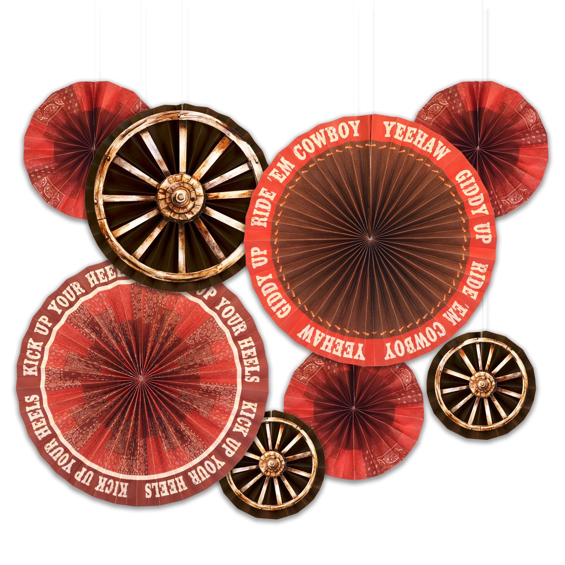 Decorative items with cowboy-themed text and wagon wheels on a white background