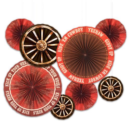 Decorative items with cowboy-themed text and wagon wheels on a white background