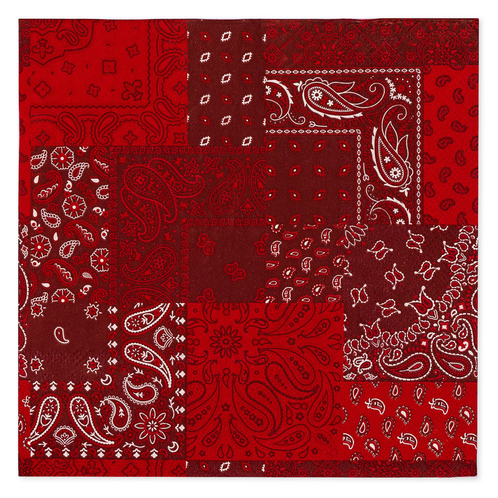 Red bandana with white paisley patterns on a red background