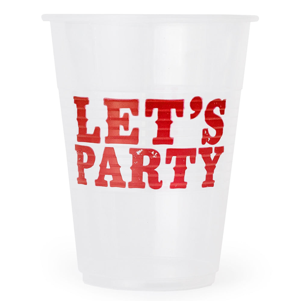 Clear plastic cup with red 'LET'S PARTY' text on a white background