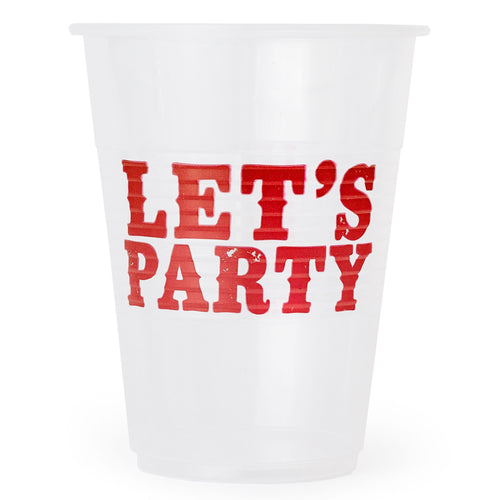 Clear plastic cup with red 'LET'S PARTY' text on a white background