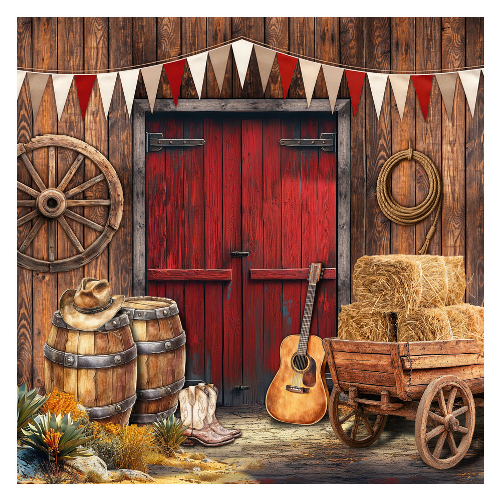 Western-themed scene with a red wooden door, barrels, a guitar, and a cart against a wooden wall.
