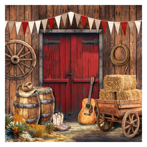 Western-themed scene with a red wooden door, barrels, a guitar, and a cart against a wooden wall.