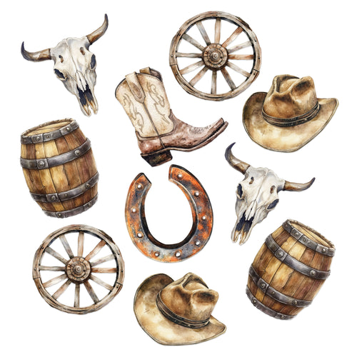 Collection of western-themed items including boots, hats, barrels, and wheels on a white background.