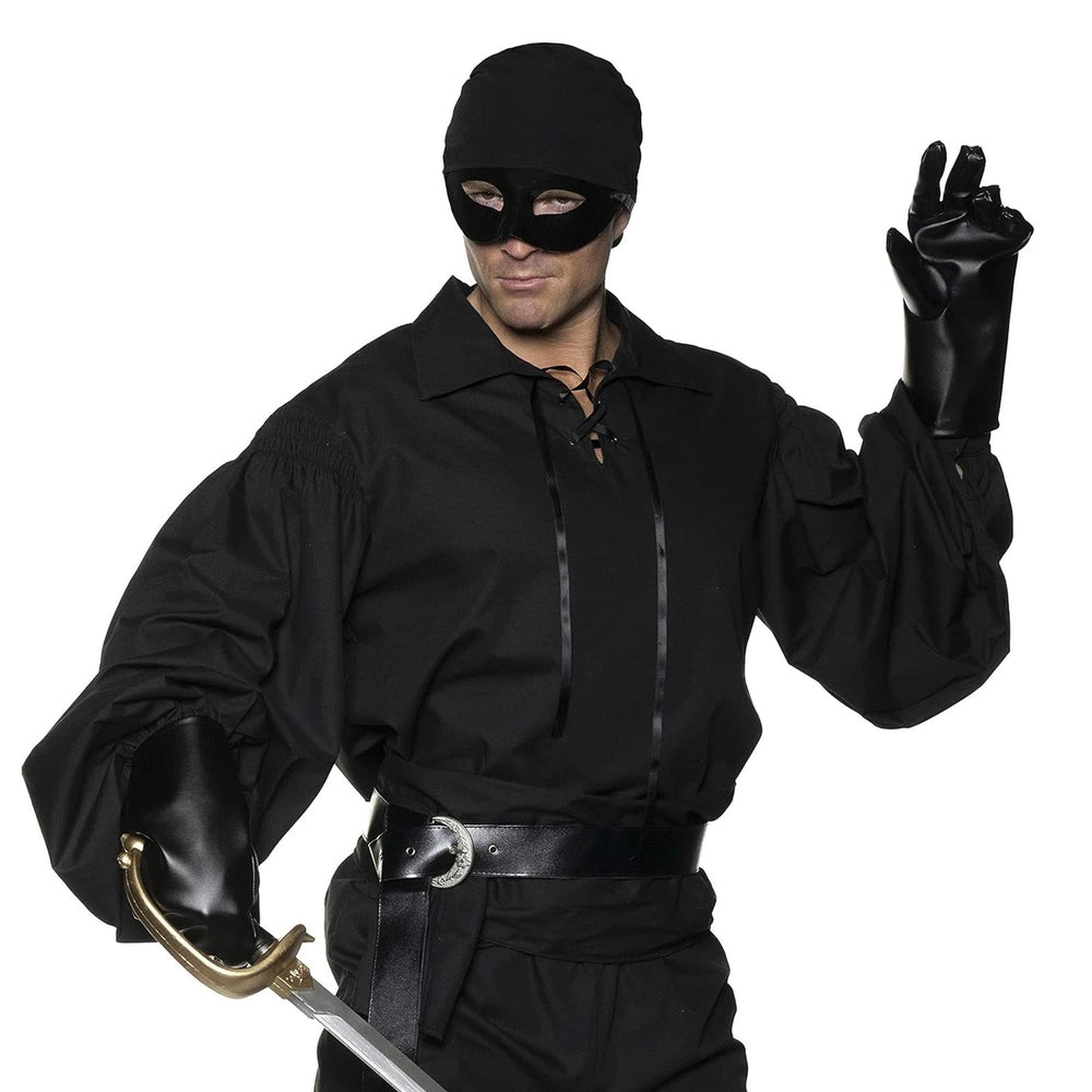 Person in a black costume with a mask, gloves, and sword on a white background