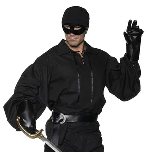 Person in a black costume with a mask, gloves, and sword on a white background