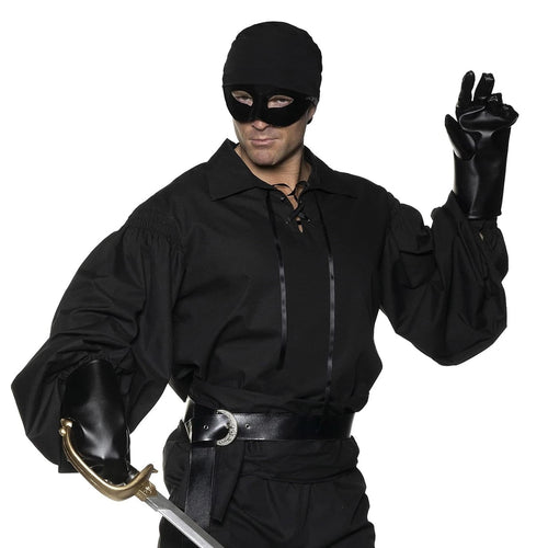 Person in a black costume with a mask, gloves, and sword on a white background