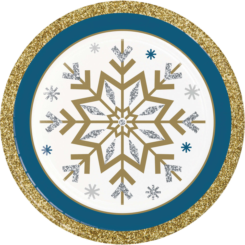 Decorative plate with a snowflake design and glittery border on a white background
