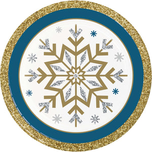 Decorative plate with a snowflake design and glittery border on a white background
