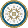 Decorative plate with a snowflake design and glittery border on a white background
