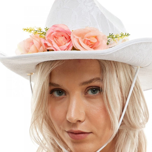 White Lace Cowboy Hat with Flowers