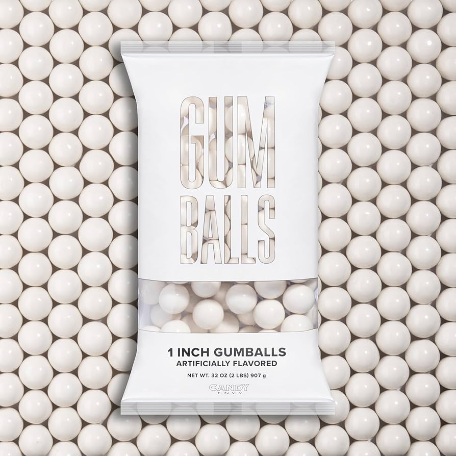 Packaging of 1 inch gumballs surrounded by white gumballs