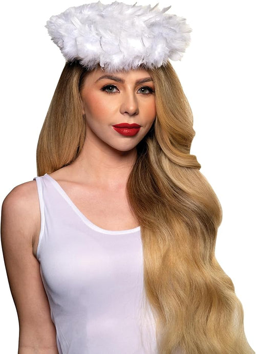 Person wearing a white angel costume with a feathered headpiece on a white background