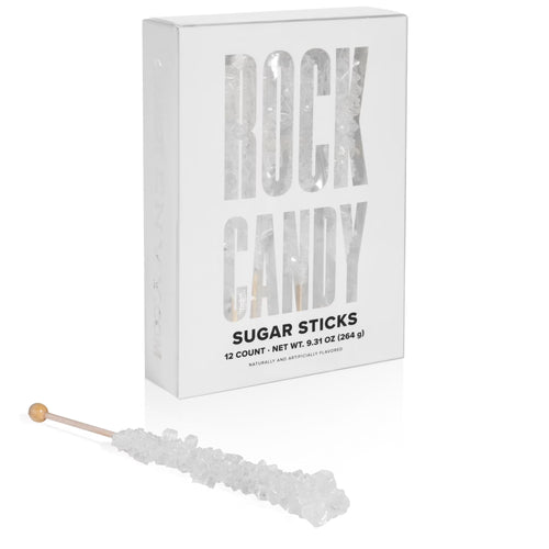 Box of Rock Candy Sugar Sticks with a single stick on a white background