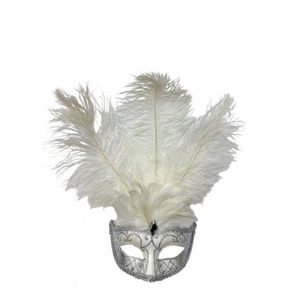 White & Silver Venetian Eye Mask with Feathers