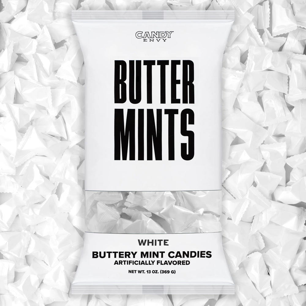 Packaging of Candy Envy Butter Mints surrounded by white mints