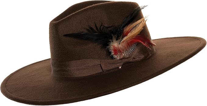 Brown hat with feather detail on a white background