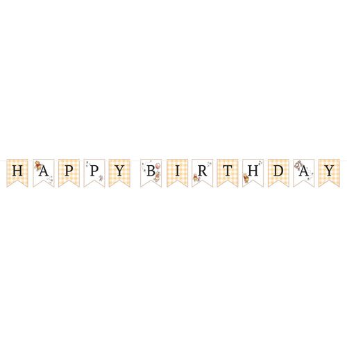 Happy Birthday banner with decorative elements on a white background