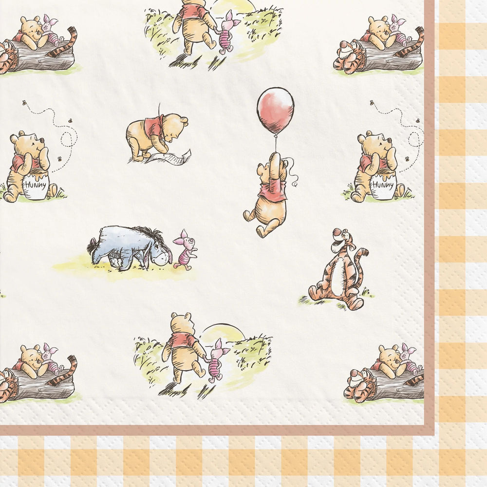 Winnie the Pooh and friends illustrations on a checkered background
