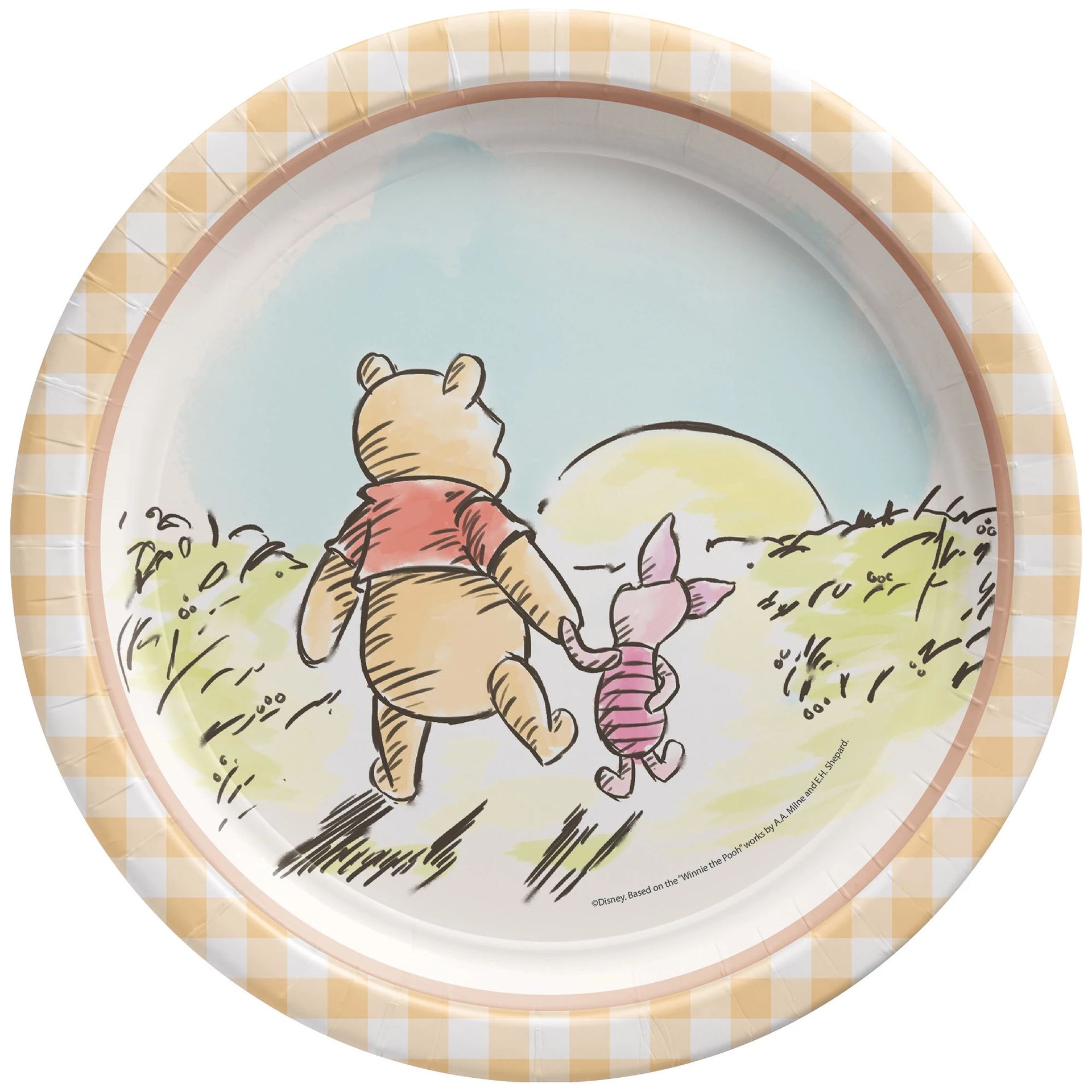Plate with Winnie the Pooh and Piglet design on a checkered border