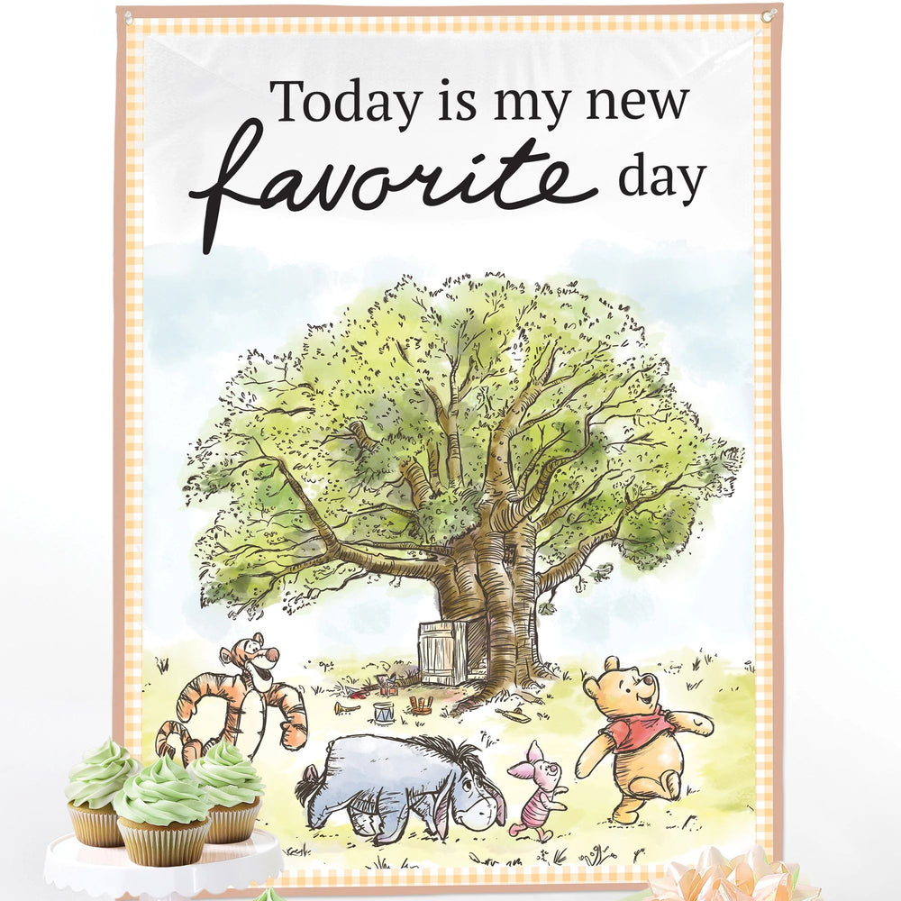 Cartoon scene with characters around a tree with 'Today is my new favorite day' text.