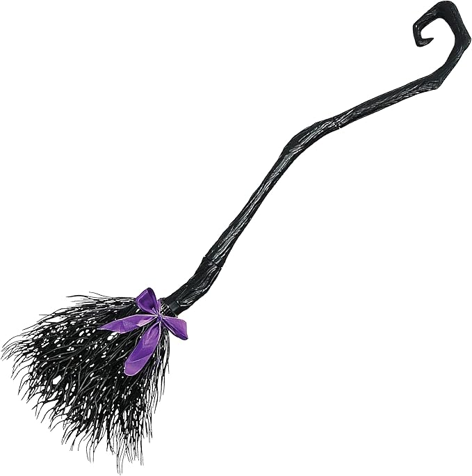 Black witch broom with a purple handle on a white background