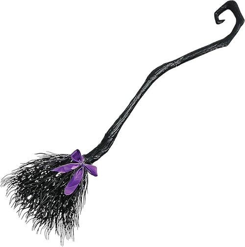 Black witch broom with a purple handle on a white background