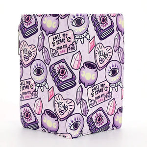 Purple patterned product with crystals, eyes, and text on a white background
