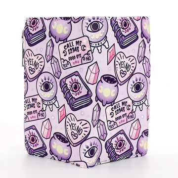 Purple patterned product with crystals, eyes, and text on a white background