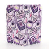 Purple patterned product with crystals, eyes, and text on a white background