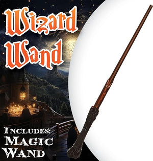 Wooden wand with decorative text 'Wizard Wand' and 'Includes Magic Wand' against a fantasy-themed background.