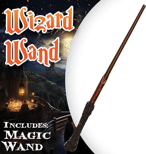 Wooden wand with decorative text 'Wizard Wand' and 'Includes Magic Wand' against a fantasy-themed background.