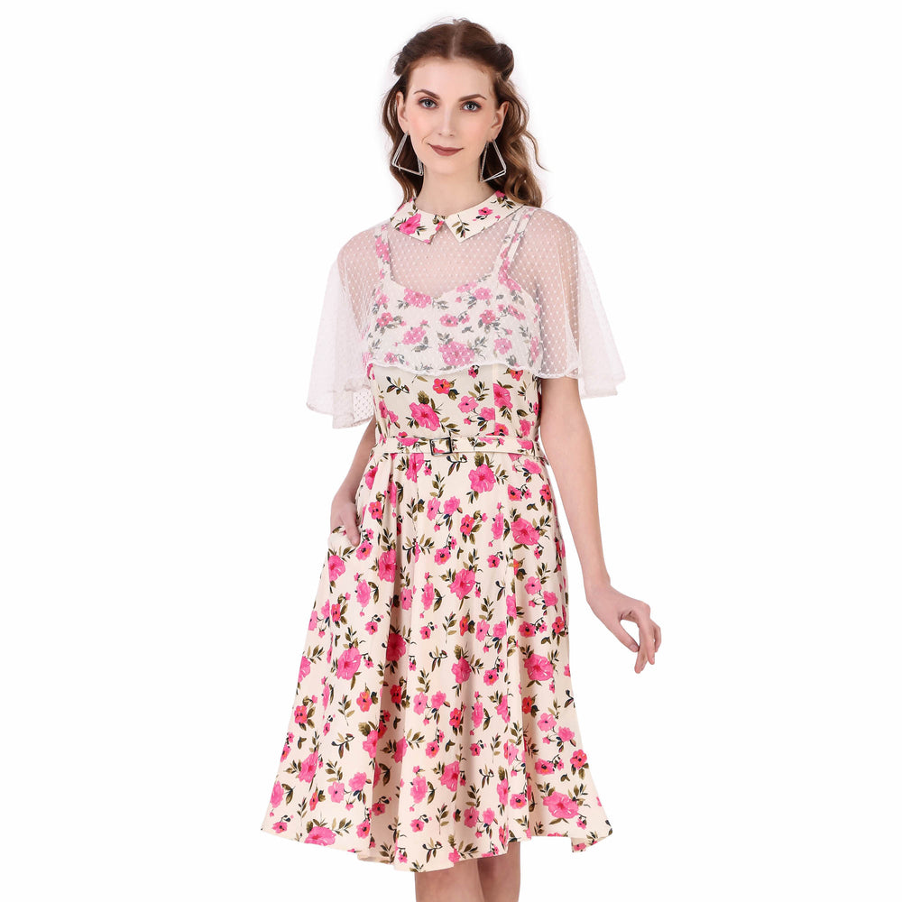 Women's 1950s Retro Pinup Swing Dress with Detachable Cape & Belt