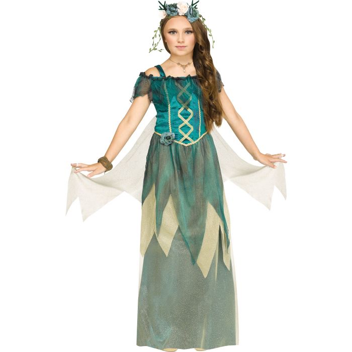 A fabulous Fairy that shimmers and shines!  Iridescent, shimmer fabric, layers of forest greens and golds, soft wings with finger loops for easy wear, and a pretty floral headband.  What's Included Gown Floral Headband Fabric Wings w/Finger Loops
