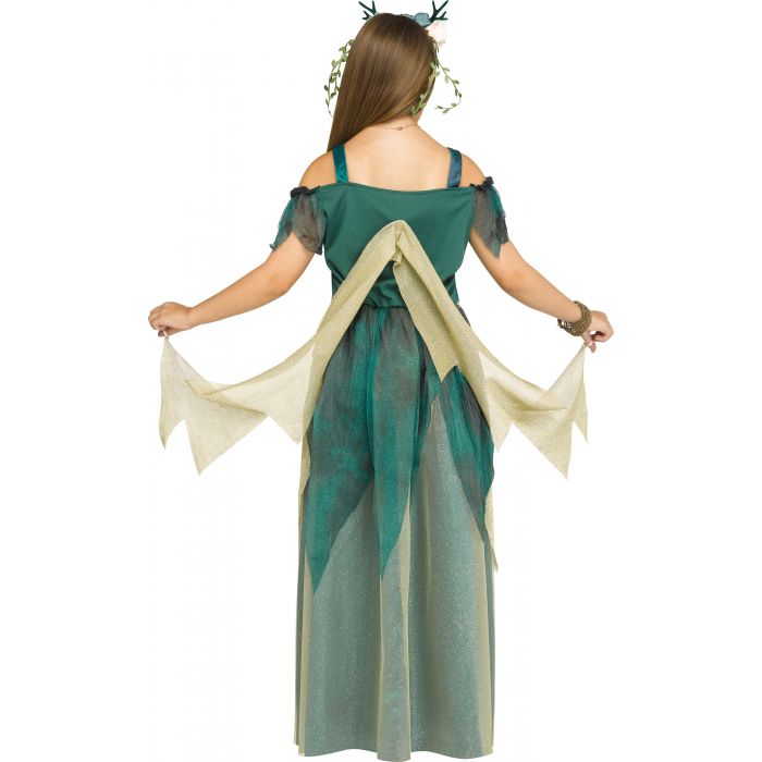 A fabulous Fairy that shimmers and shines!  Iridescent, shimmer fabric, layers of forest greens and golds, soft wings with finger loops for easy wear, and a pretty floral headband.  What's Included Gown Floral Headband Fabric Wings w/Finger Loops