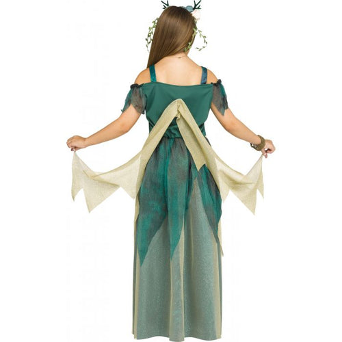 A fabulous Fairy that shimmers and shines!  Iridescent, shimmer fabric, layers of forest greens and golds, soft wings with finger loops for easy wear, and a pretty floral headband.  What's Included Gown Floral Headband Fabric Wings w/Finger Loops