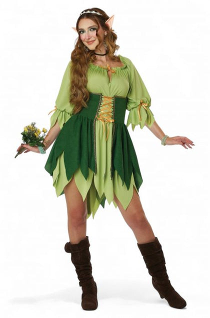 Person wearing a green fairy costume with leaves on a white background