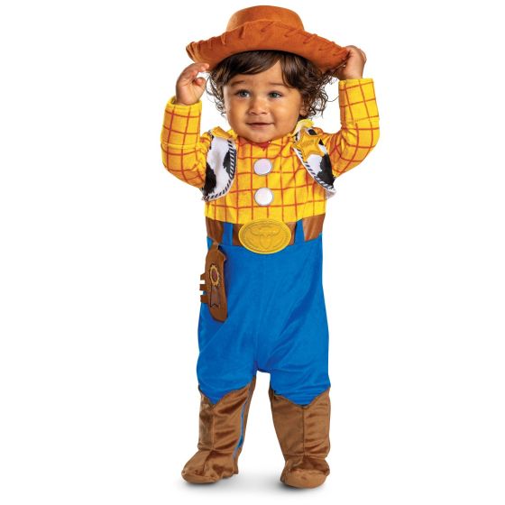 Child wearing a Woody costume from Toy Story on a white background