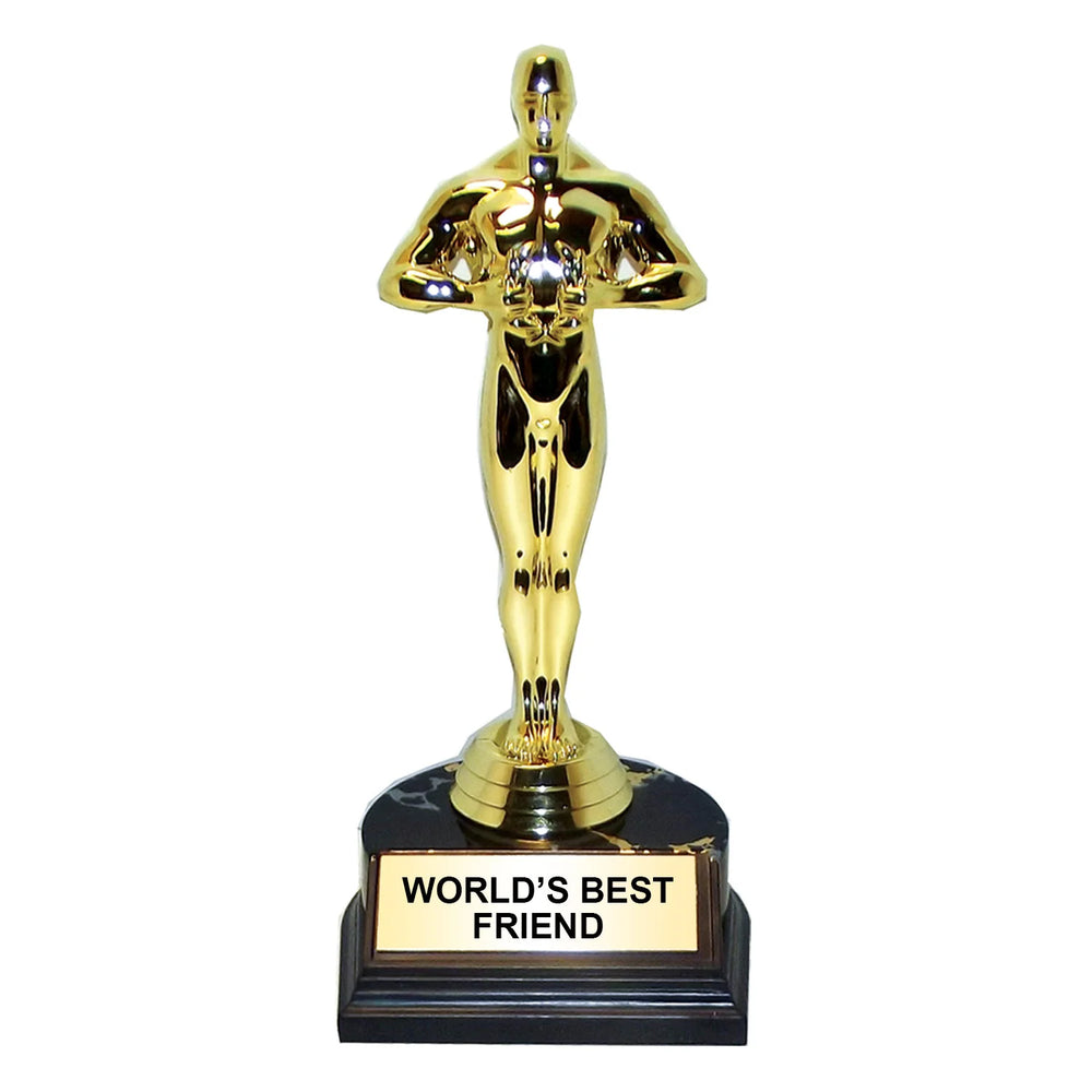 Gold trophy with 'World's Best Friend' on a black base against a white background