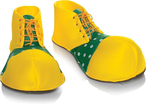 Yellow and green clown shoes with polka dot pattern on a white background