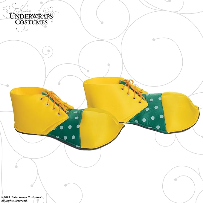 Green and yellow clown shoes with polka dots on a white background, featuring the Underwraps Costumes logo.