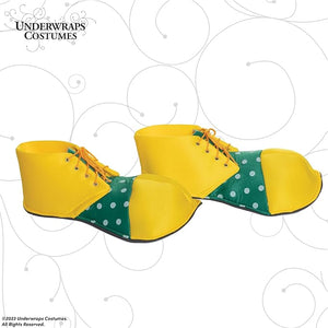 Green and yellow clown shoes with polka dots on a white background, featuring the Underwraps Costumes logo.